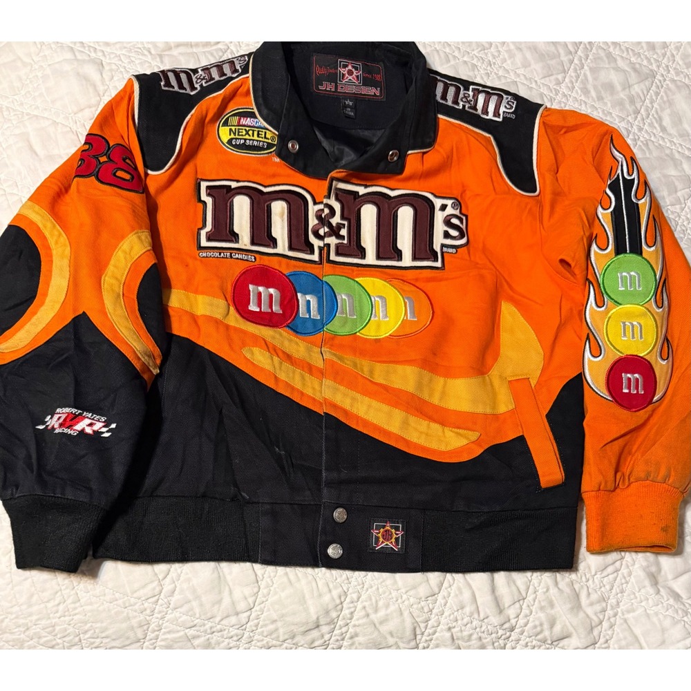 JH Design M&Ms NASCAR Racing Jacket Orange Black Cotton Twill youth Size L 8-10